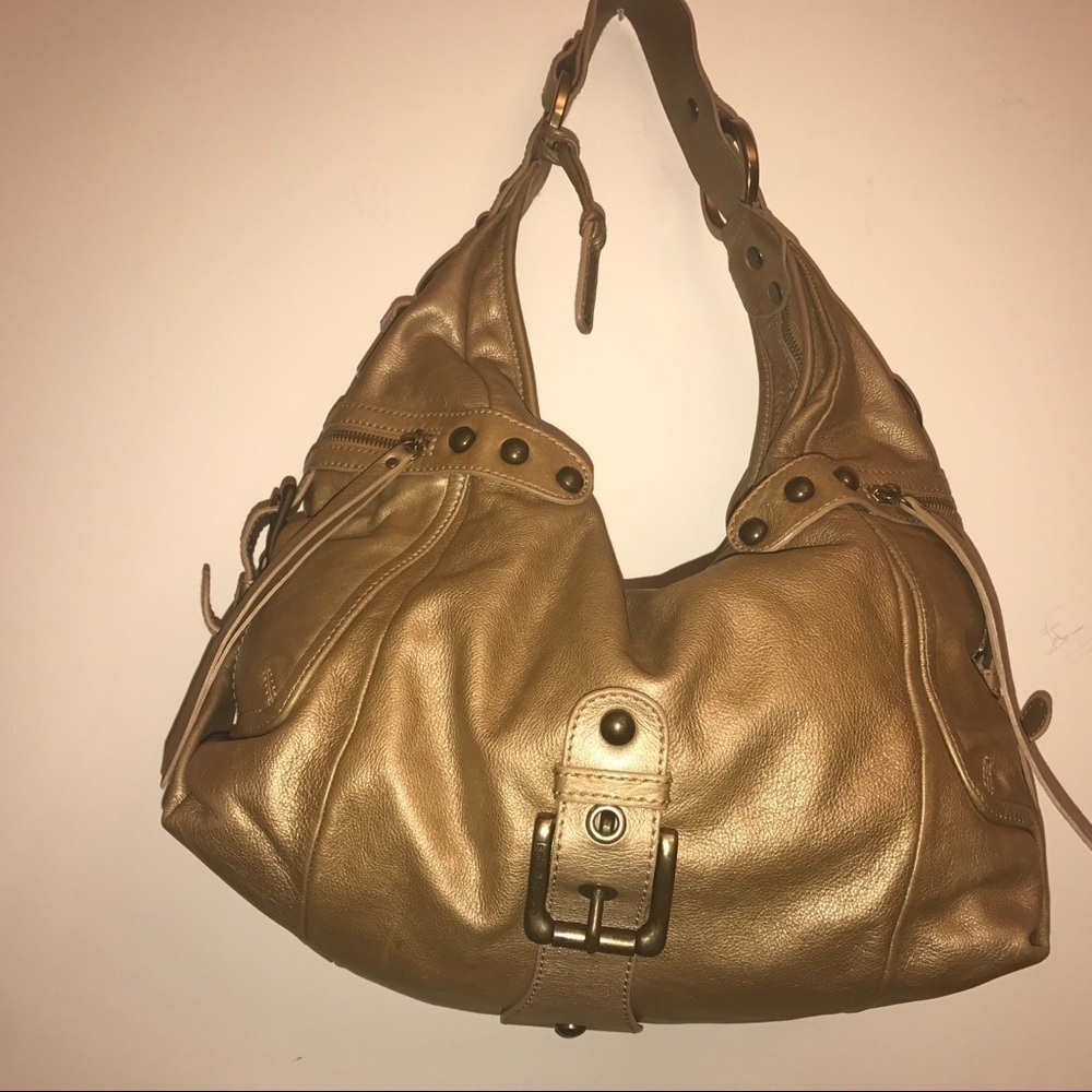 Isabella Fiore Metallic Bronze Hobo Bag with Gold Buckle
